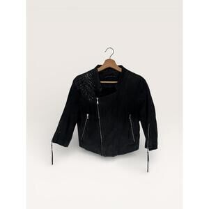 Zara Real Leather Rhinestone Black Faux Suede Moto Jacket with Studded Detail